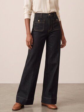 NWOT | High-Waisted Dark Wash Wide-Leg Denim Jeans | Gold Buttons | Small